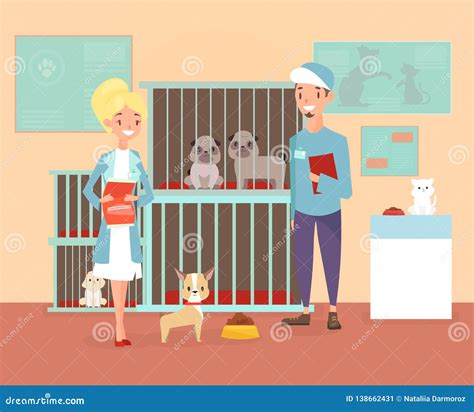 Vector Illustration Of Animal Shelter With Volunteers Characters With