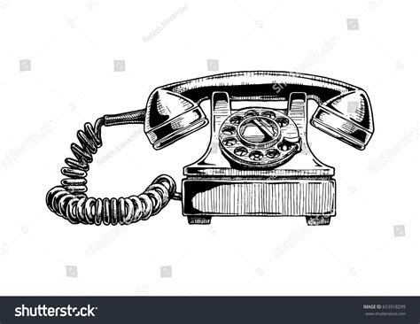 Vector Hand Drawn Illustration Of Retro Phone In Vintage Engraved Style
