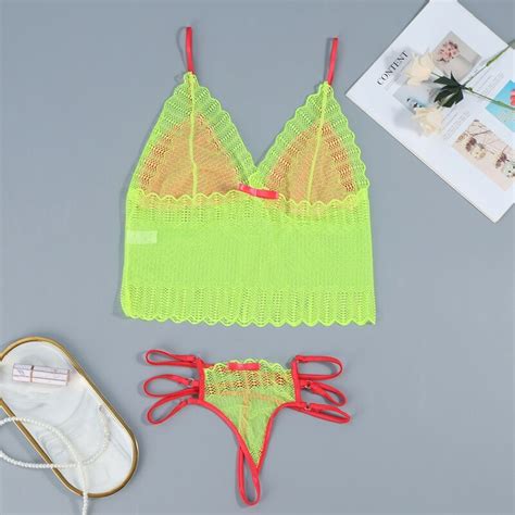 Sexy Women Lingerie Set Fluorescent Color See Through Bra G String