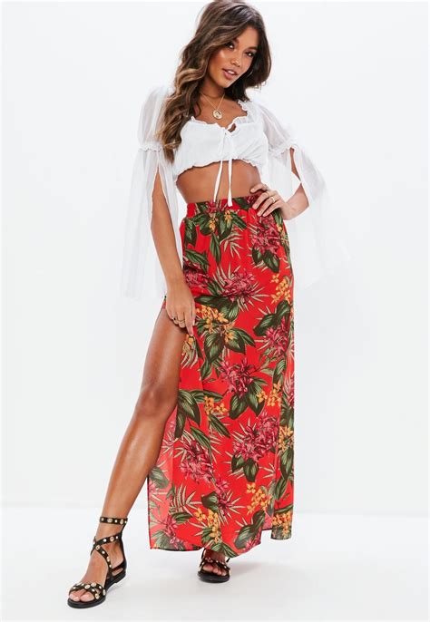 Missguided Red Tropical Print Side Split Maxi Skirt Skirts Winter