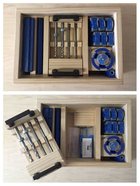 Two Pictures Of Tools In A Wooden Box With Blue Trimmings On The Inside