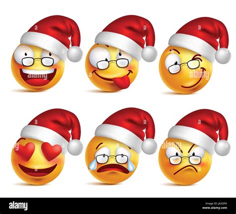 Vector Set De Smileys émoticônes Jaune Du Père Noël Avec Des Expressions Faciales Et Noël Hat En
