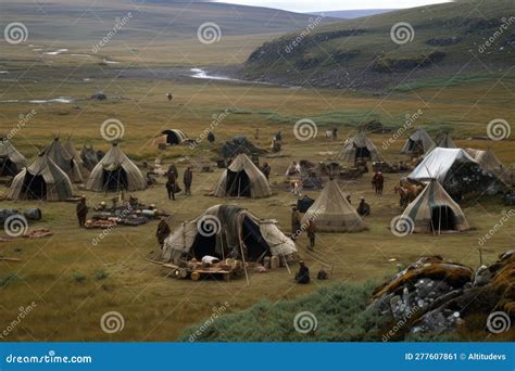 Nomadic Tribe Setting Up Camp With Tents And Belongings Stock Image