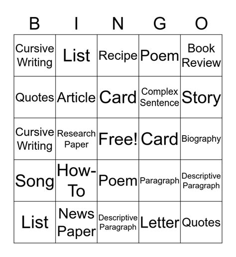 Writing Bingo Card