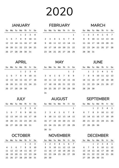 Free Printable Year At A Glance Calendars No Download 2020