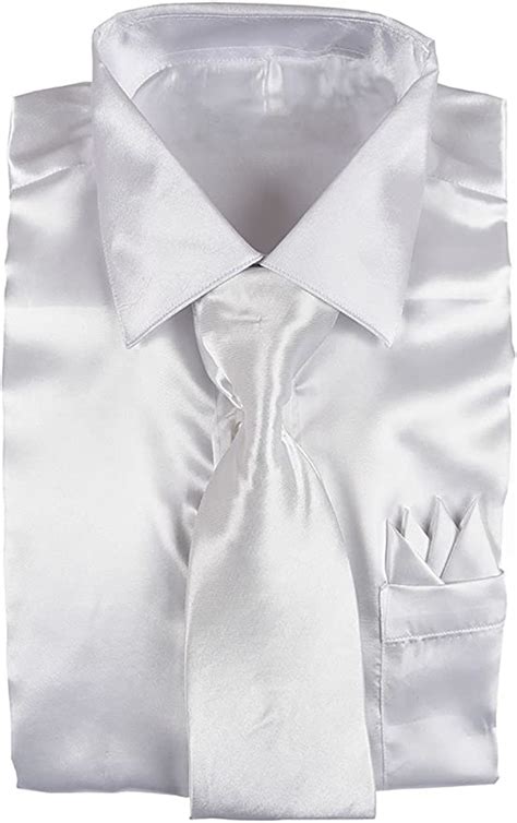 Classy Mens Satin Shiny White Shirt Set Matching Tie And