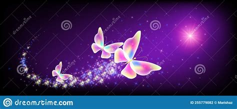 Magic Butterflies With Sparkle Trail Flying In Night Sky Among Glowing