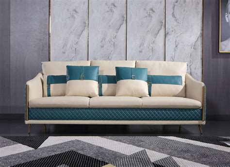 Premium Italian Leather Off White And Blue Sofa Icaro European Furniture