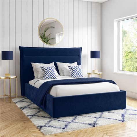 Navy Blue Velvet King Size Bed Frame With Cushioned Headboard Maddox