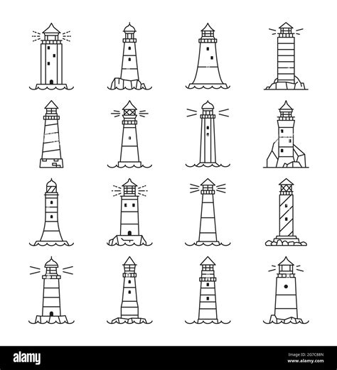 Lighthouse And Beacon Outline Icons Vector Linear Buildings Nautical