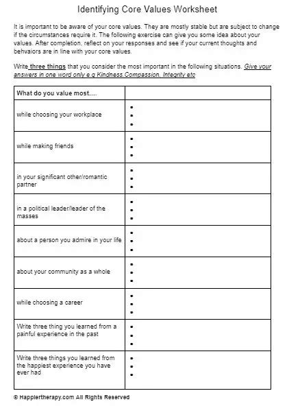 Identifying Core Values Worksheet HappierTHERAPY