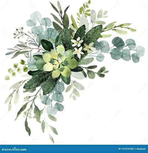Wedding Greenery Bouquet Watercolor Illustration With Eucalyptus