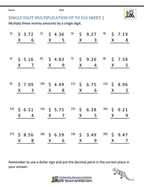 Free Printable Money Multiplication Worksheets
