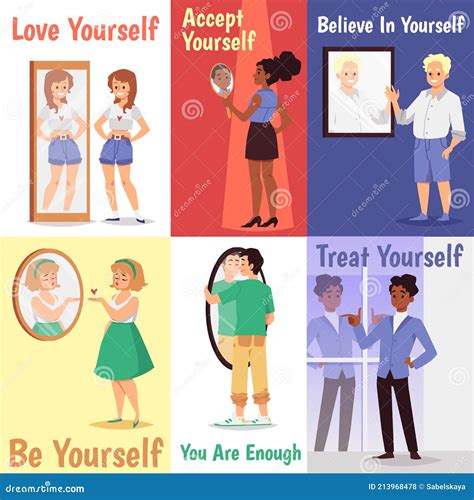 concept of self acceptance and body positive a set of vector flat cartoon cards stock vector