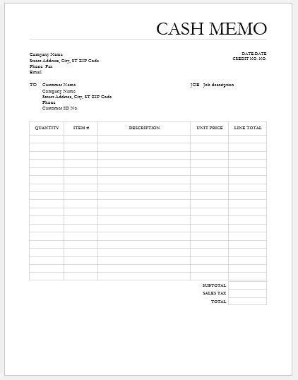 Cash Memo Template For Ms Word Word And Excel Templates