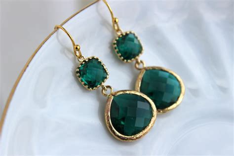 Gold Large Emerald Green Earrings Jade Jewelry Two Tiered