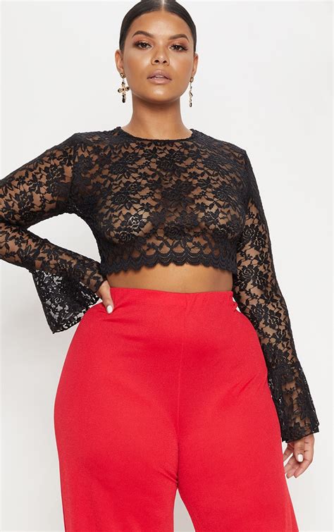 Plus Black Sheer Lace Crop Top Plus Size Prettylittlething Ca