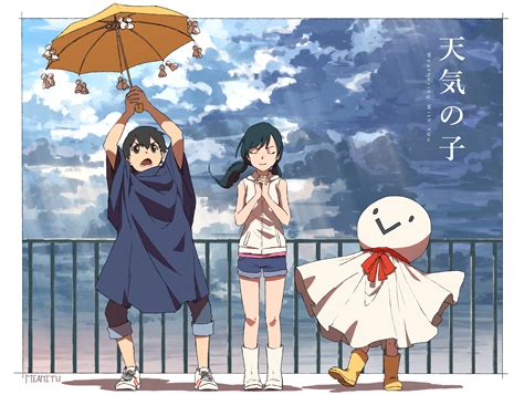 Two Anime Characters Are Holding An Umbrella Over Their Heads While