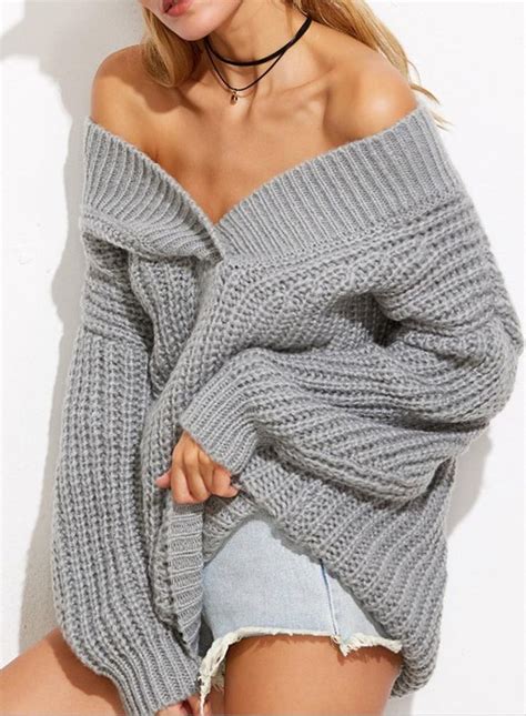 Grey Off The Shoulder Chunky Knit Oversized Sweater Sweaters Women