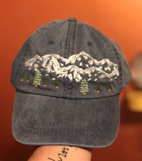 Mountains And Happy Little Trees Hand Embroidered Baseball Cap Hat