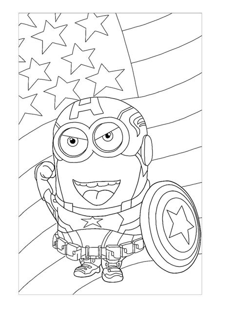 Minion Captain America With Flag Coloring Page Super Coloring Pages