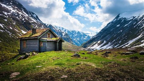 Brown House Fjord Norway Cabin Mountains Hd Wallpaper Wallpaper Flare