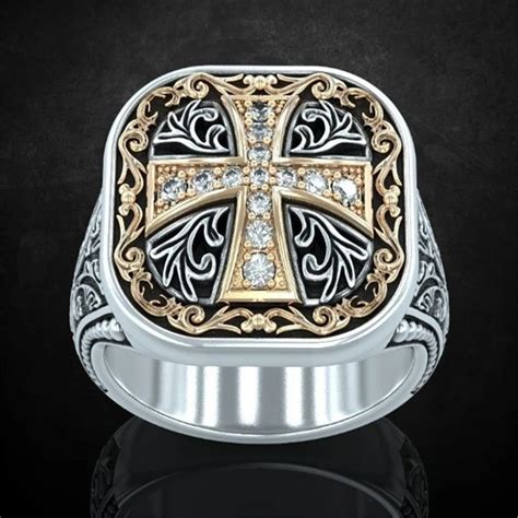 Vintage Medieval Crusader Knights Templar Cross Punk Signet Ring Male