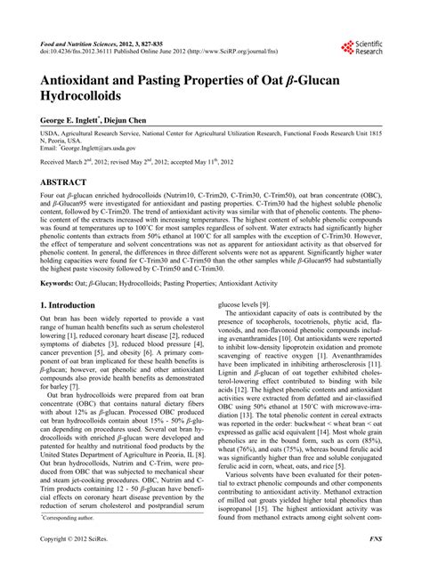 Pdf Antioxidant And Pasting Properties Of Oat Glucan Hydrocolloids