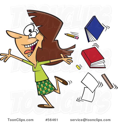 cartoon excited brunette white female teacher running gleefully and throwing up books 56461 by