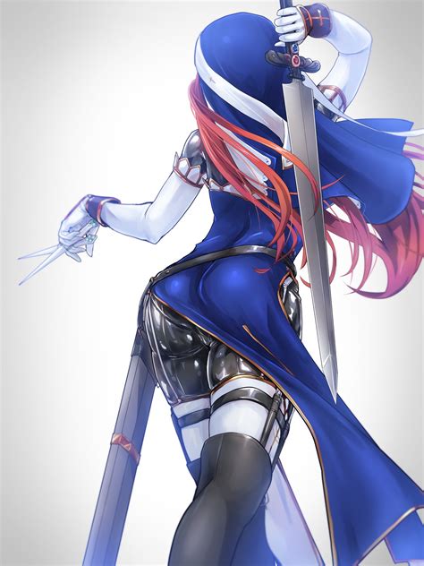 Wallpaper Illustration Redhead Long Hair Anime Girls Ass Weapon Blue Cartoon Sword