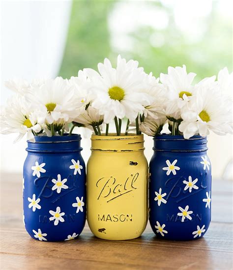 Daisy Painted Mason Jars Cobalt Blue And Yellow Painted Etsy