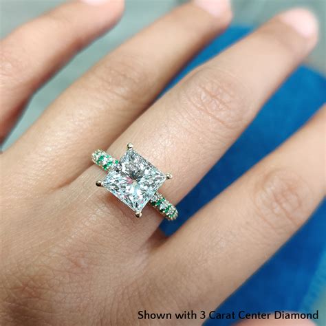 4 carat princess cut diamond pave eternity engagement ring with emerald in 14k yellow gold