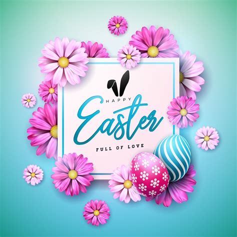 Happy Easter Holiday Design With Painted Egg And Spring Flower On Blue