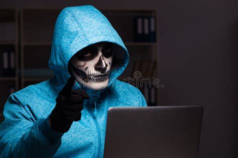 Scary Hacker Hacking Security Firewall Late In Office Stock Photo