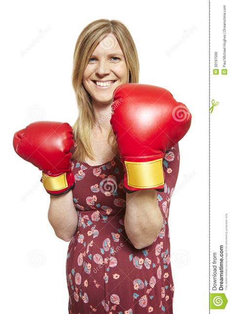 Young Woman Wearing Boxing Gloves Smiling Stock Photo Image Of