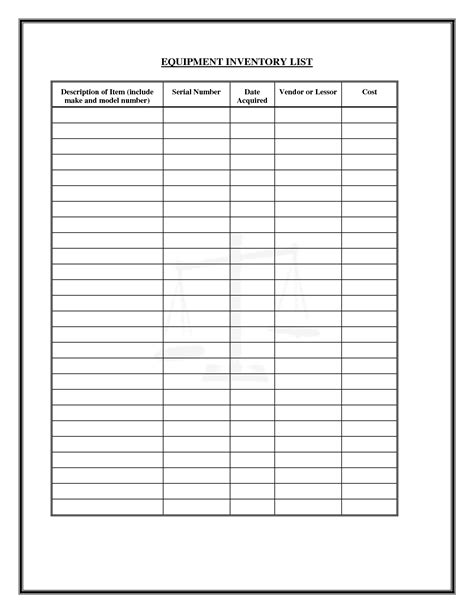 inventory forms downloads equipment inventory list