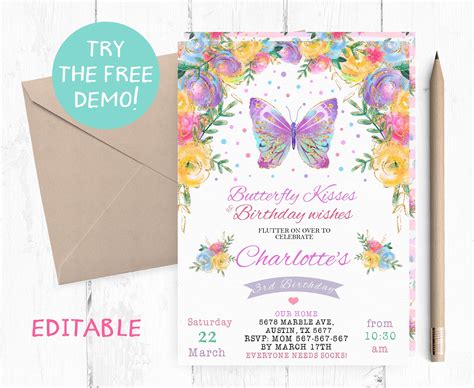 Editable Purple Butterfly Invitation Butterflies Birthday Etsy Uk