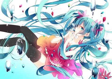 ボーカロイド、 初音ミク、 ロングヘア、 ツインテール、 ピンクのドレス、 太もも、 花、 水、 アニメの女の子、 アニメ、 hdデスクトップの壁紙 wallpaperbetter