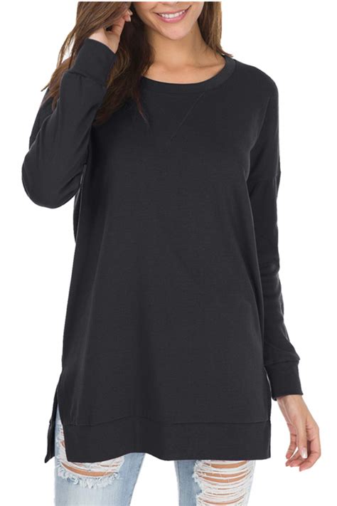 Womens Fall Long Sleeve Side Split Loose Casual Pullover Tunic Tops