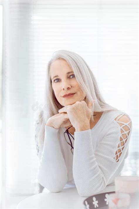 Stunning Beautiful And Self Confident Best Aged Woman With Grey Hair Smiling Into Camera Stock