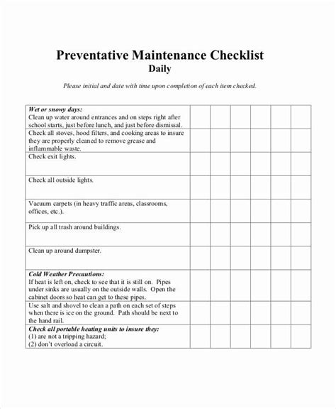 Preventive Maintenance Schedule Pdf Unique Maintenance Checklist