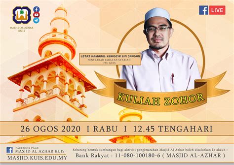 34 просмотра 2 недели назад. LIVE FB KULIAH ZOHOR 📅 Rabu (26 Ogos... - Masjid Al-Azhar ...