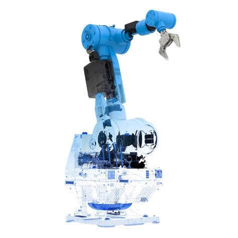 흰색 배경에 3d 렌더링 파란색 와이어 프레임 로봇 팔 프리미엄 사진