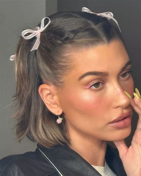 Wait Did Hailey Bieber Just Reveal Rhodes Debuting Cream Blushes Long Hair Styles Ribbon