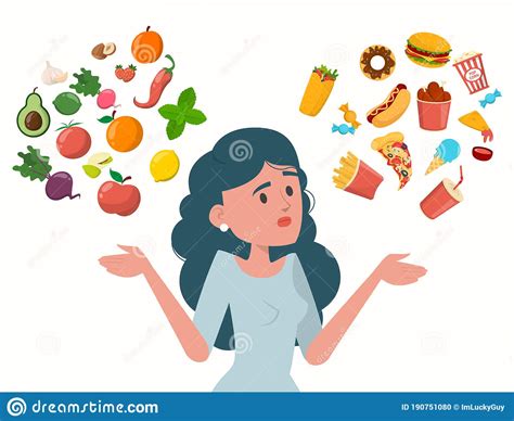 Woman Choosing Between Healthy And Unhealthy Food Stock Illustration
