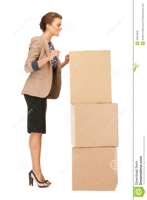 attractive businesswoman with big boxes stock image image of cute businesspeople 40016835