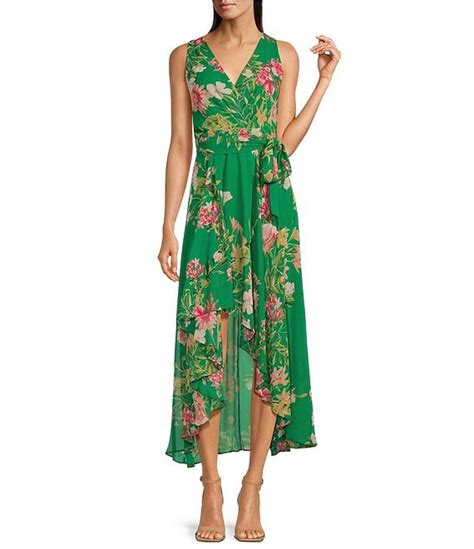 eliza j floral print surplice v neck sleeveless high low hem wrap dress dillard s