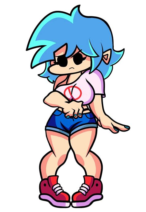 An Anime Character With Blue Hair And Sunglasses On Her Face Wearing Shorts And Red Shoes