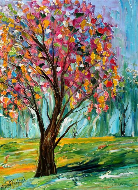 Original Oil Painting Spring Tree Landscape Palette Knife Fine