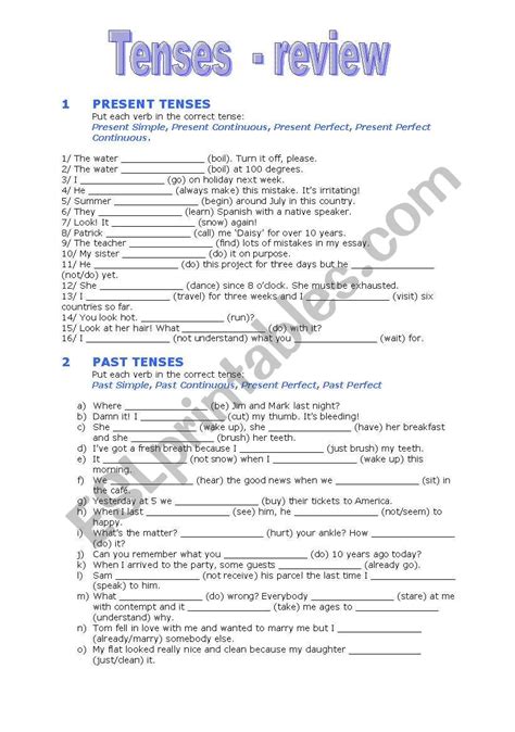 Mixed Tenses Past Present Future English Esl Workshee